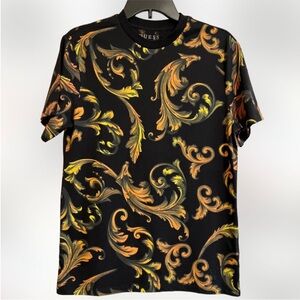 GUESS Black Short-Sleeve Shirt with Gold & Orange Baroque Motif
